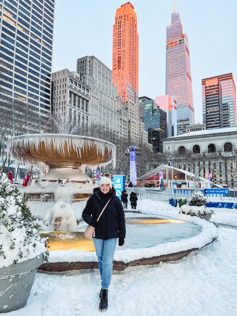 Bryant Park ice skating and fountain in NYC